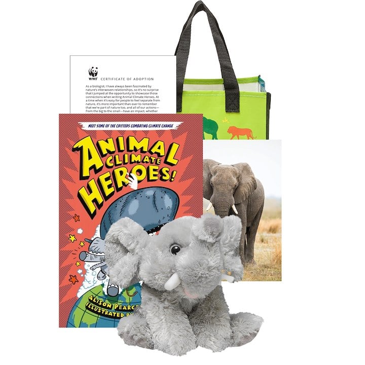 This image features a stuffed elephant toy, an illustration-based book titled “Animal Climate Heroes,” an elephant postcard, a green tote bag, and an adoption certificate from WWF.