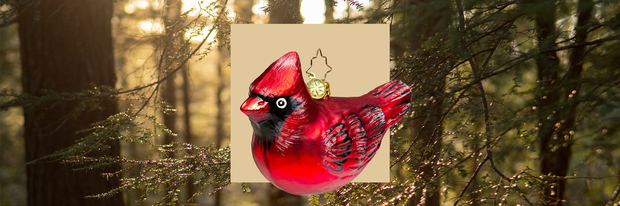 red cardinal ornament on yellow square on blurred forest