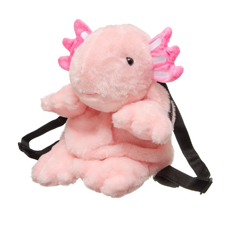 The image shows a pink plush axolotl backpack with black straps.