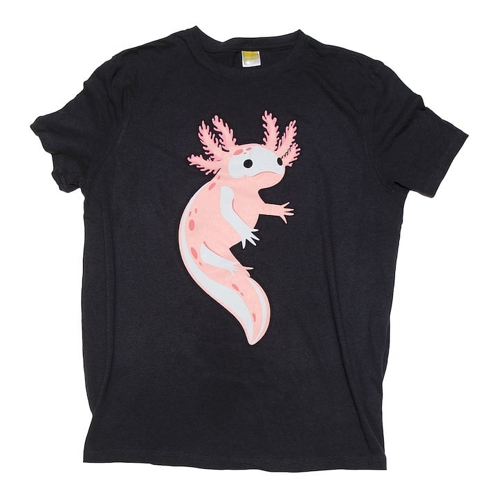 This image shows a black T-shirt with a pink axolotl illustration printed on the front.