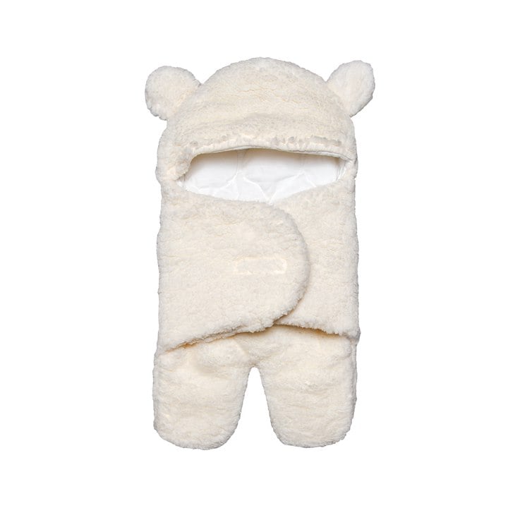 This is a soft, cream-colored baby bunting suit with bear-like ears and a wrap-around design.