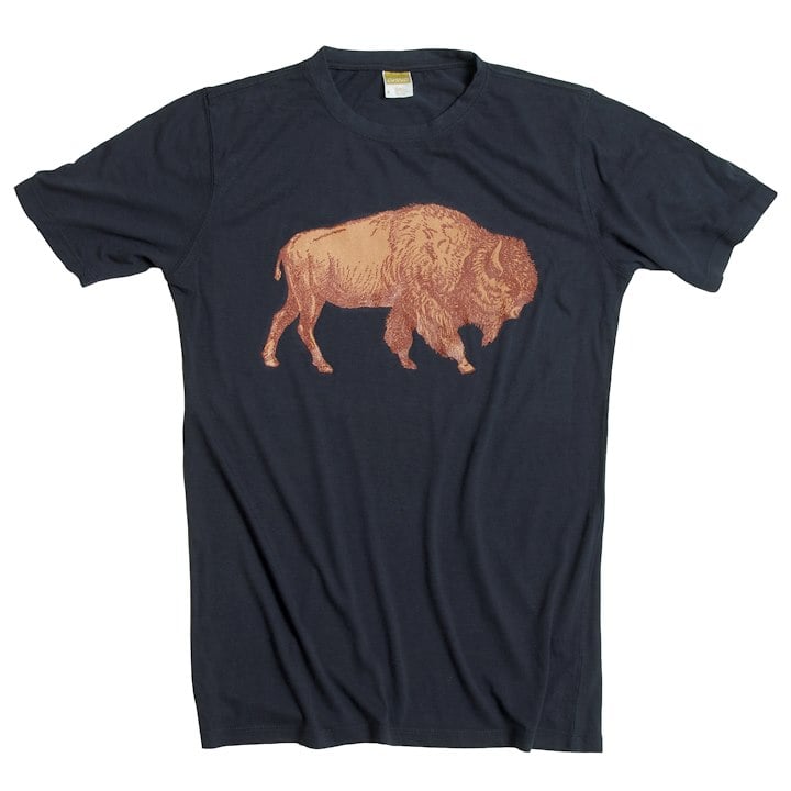 A navy blue T-shirt featuring a reddish-brown buffalo graphic on the front.