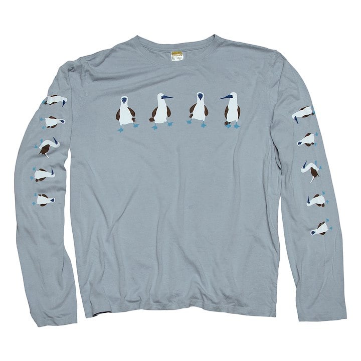A light blue long-sleeve shirt featuring a row of blue-footed booby illustrations on the front and down the sleeves.