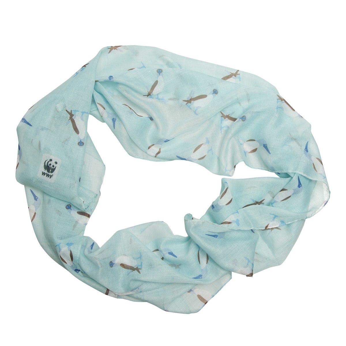 A blue scarf loop with blue-footed booby design and wwf logo