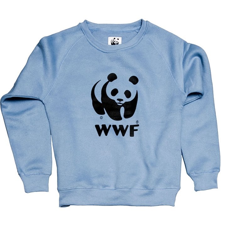 The image shows a light blue sweatshirt featuring the black WWF panda logo on the front.