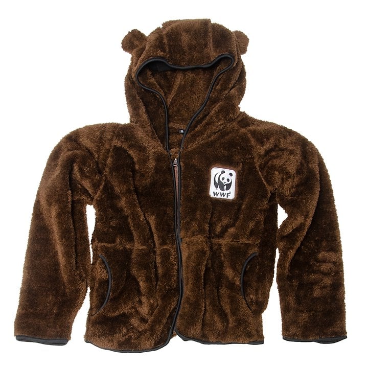 A brown, furry hoodie with bear-like ears on the hood and a WWF panda logo on the chest.