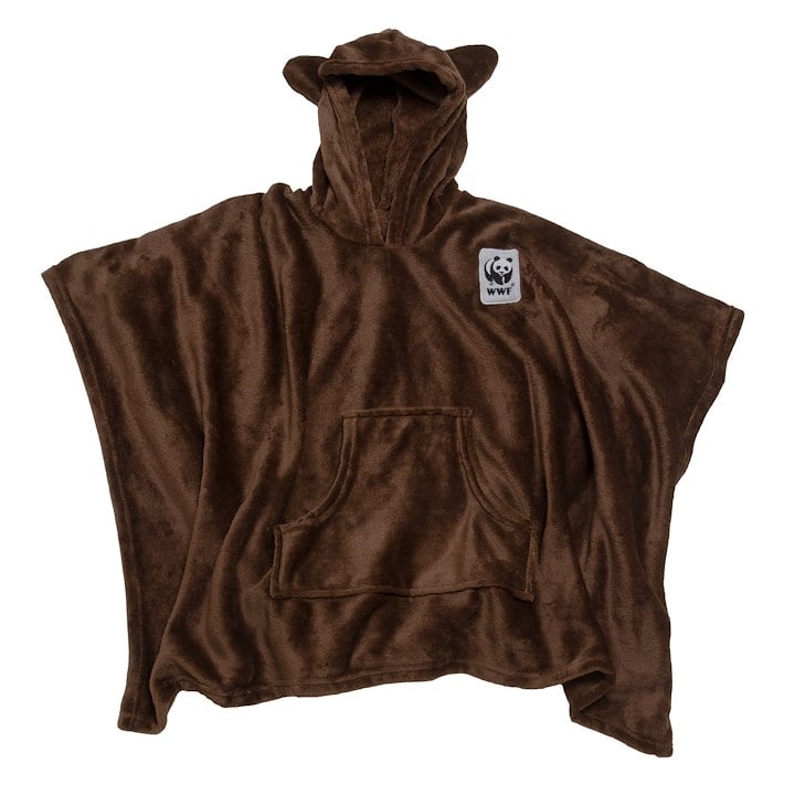 A brown fleece poncho with a hood featuring bear-like ears, a front pocket, and a WWF panda logo on the chest.