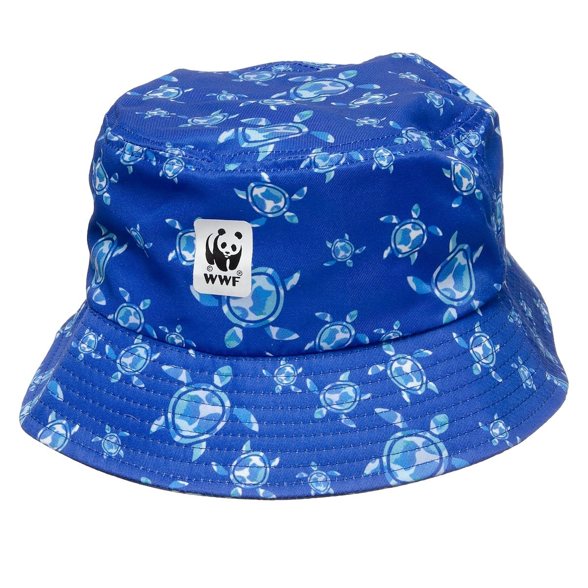 This is a blue bucket hat featuring a turtle pattern and the WWF logo on the front.