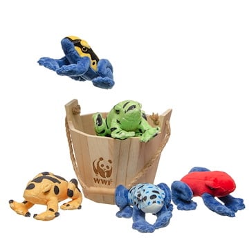 Colorful plush frog toys, some inside and others around a wooden bucket labeled "WWF."