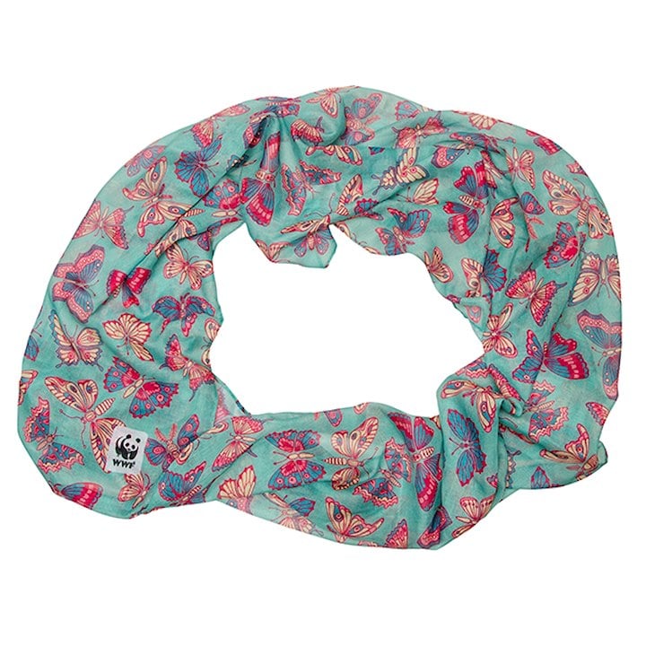 The image shows a turquoise scarf featuring colorful butterfly patterns and a small panda logo.