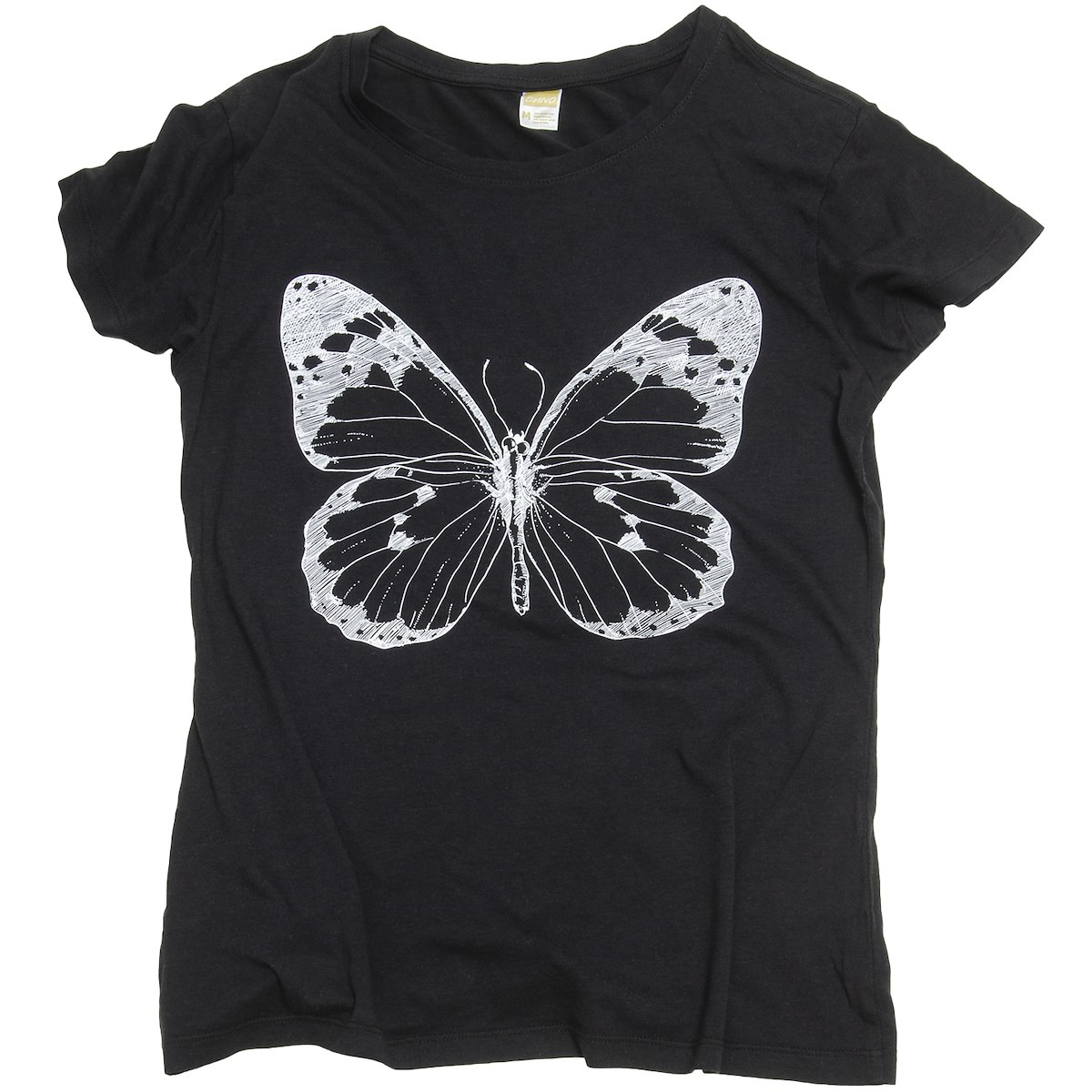 A black T-shirt featuring a large white butterfly design on the front.