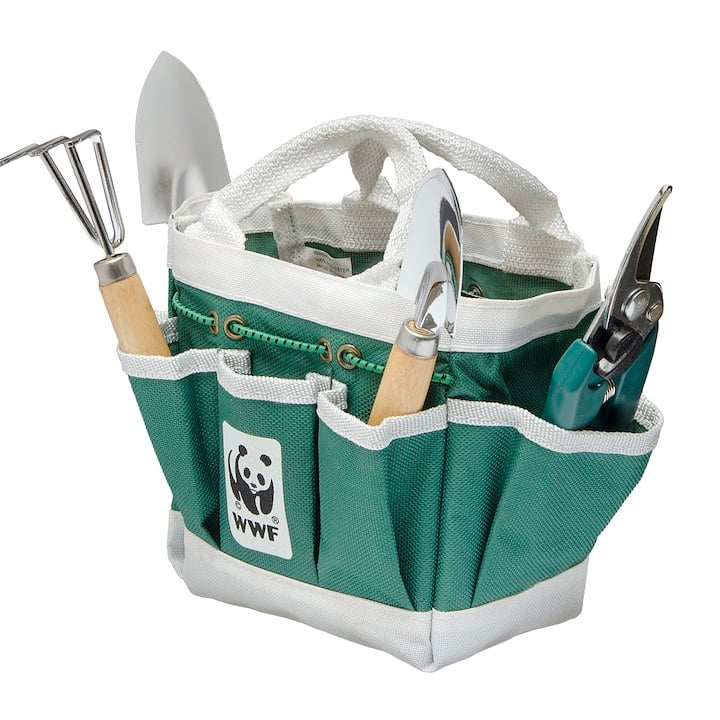 A green and white gardening tool bag with a WWF logo, containing tools such as a trowel, pruner, and hand rake.