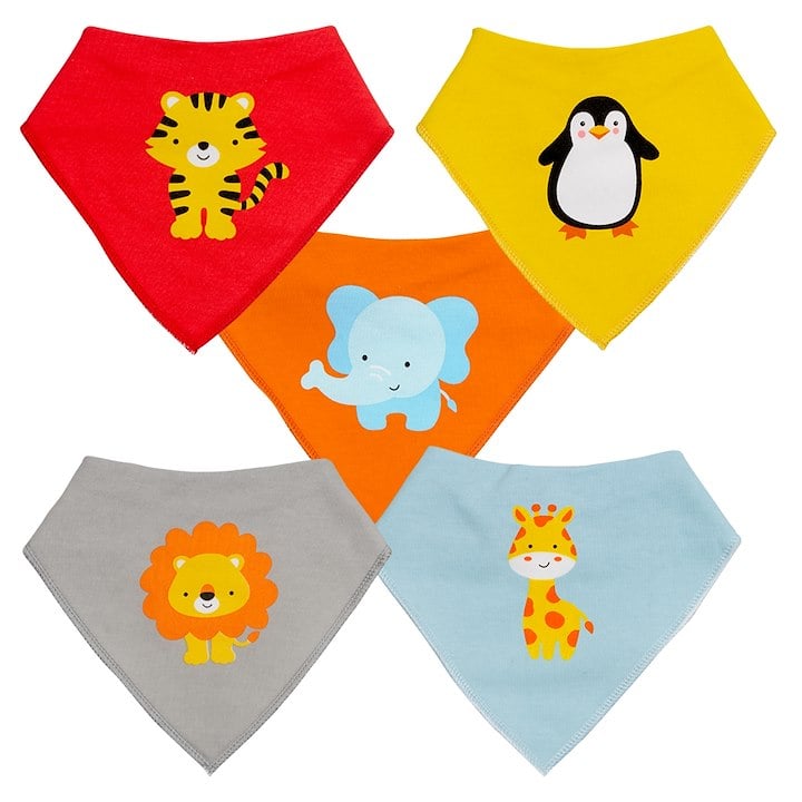 The image shows five colorful baby bibs with animal designs, including a tiger, penguin, elephant, lion, and giraffe.