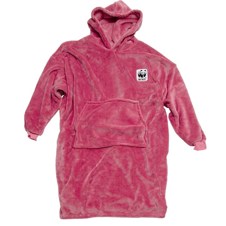 A pink, oversized hooded blanket with a front pocket and a WWF logo on the chest.