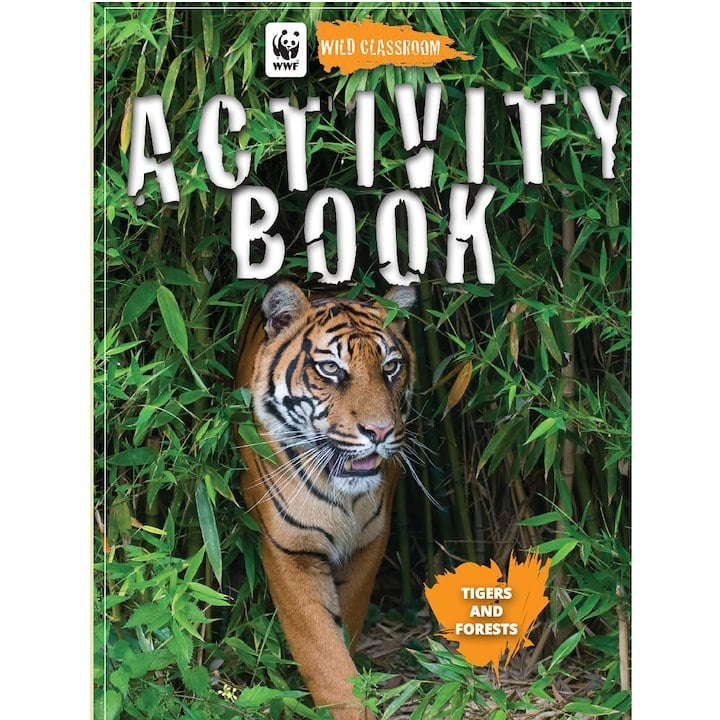 A tiger walking through the bushes on the cover of an activity book