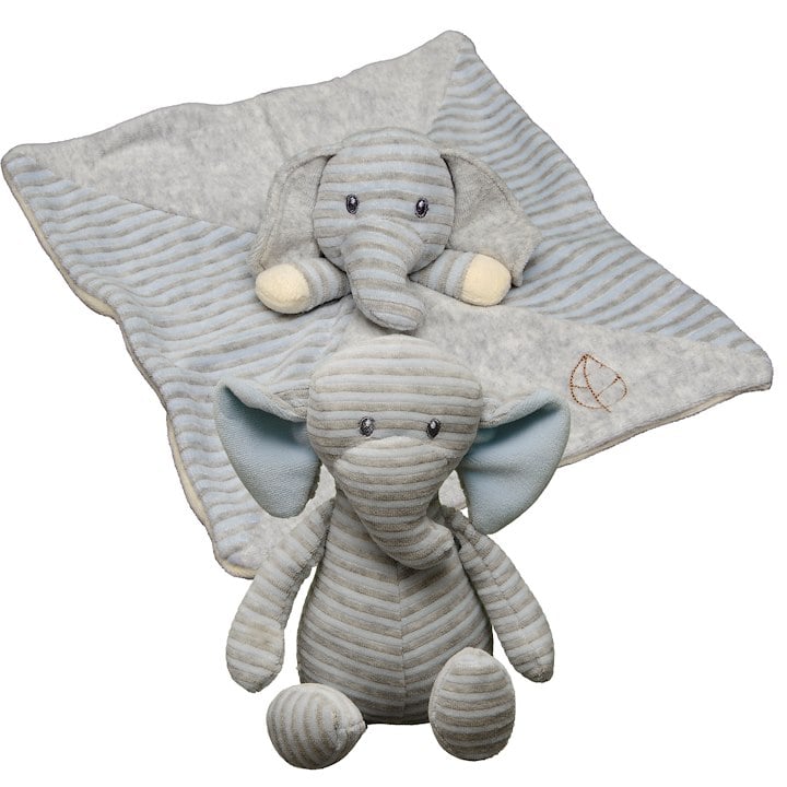A stuffed elephant toy and blanket