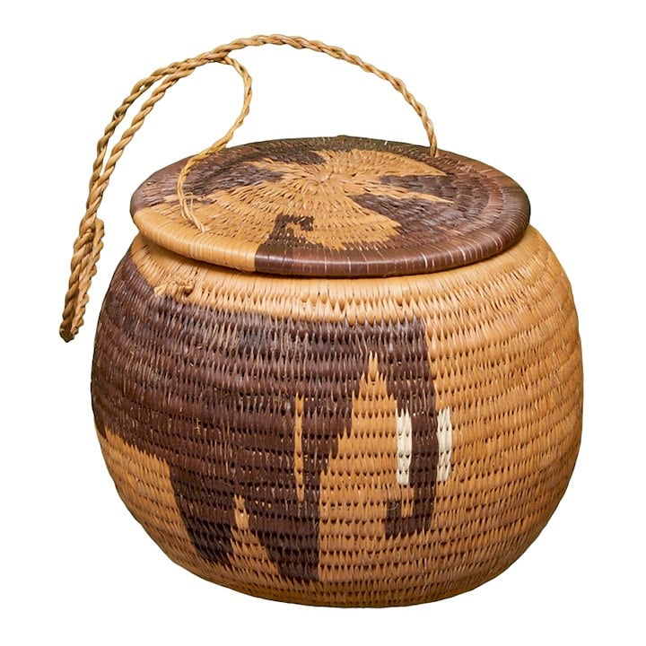 A woven basket with a lid