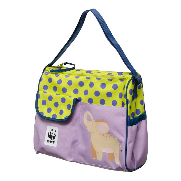 This is a colorful children's bag with a purple and yellow polka-dot design, featuring an elephant illustration and a WWF logo.