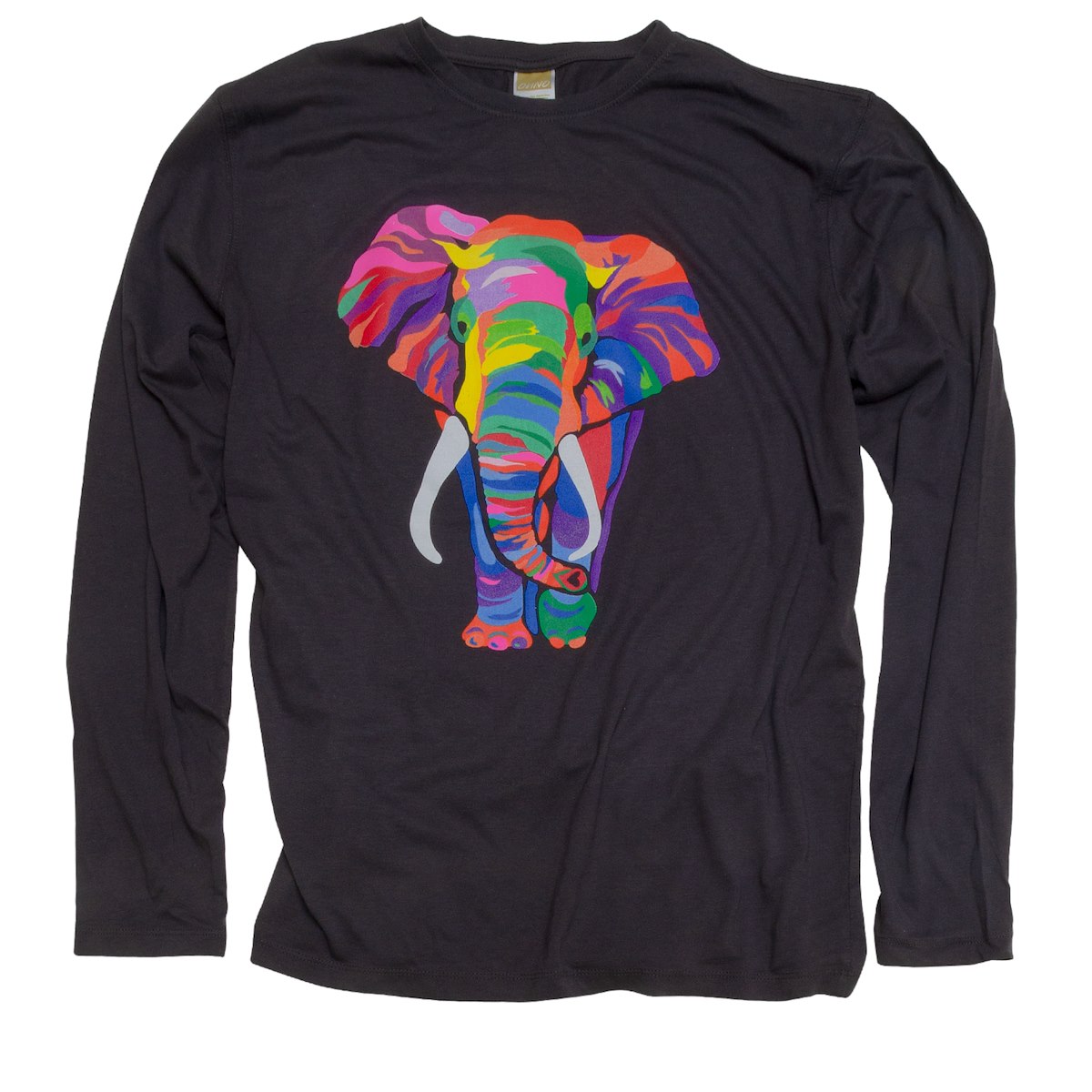 A black long-sleeve shirt features a colorful, artistic depiction of an elephant on the front.