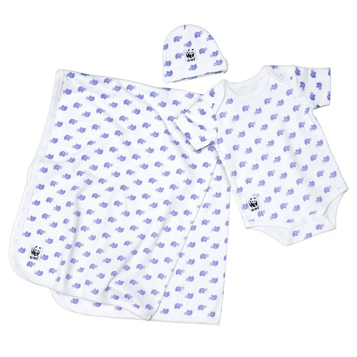 white onesie with purple elephant pattern