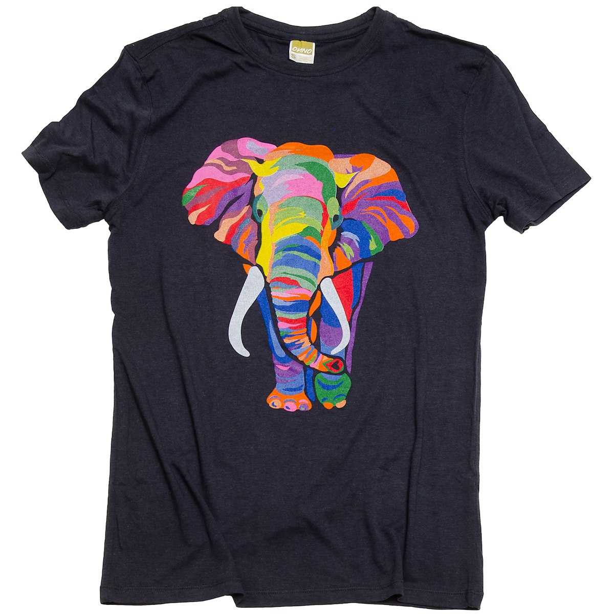 A black T-shirt features a colorful, abstract illustration of an elephant on the front.