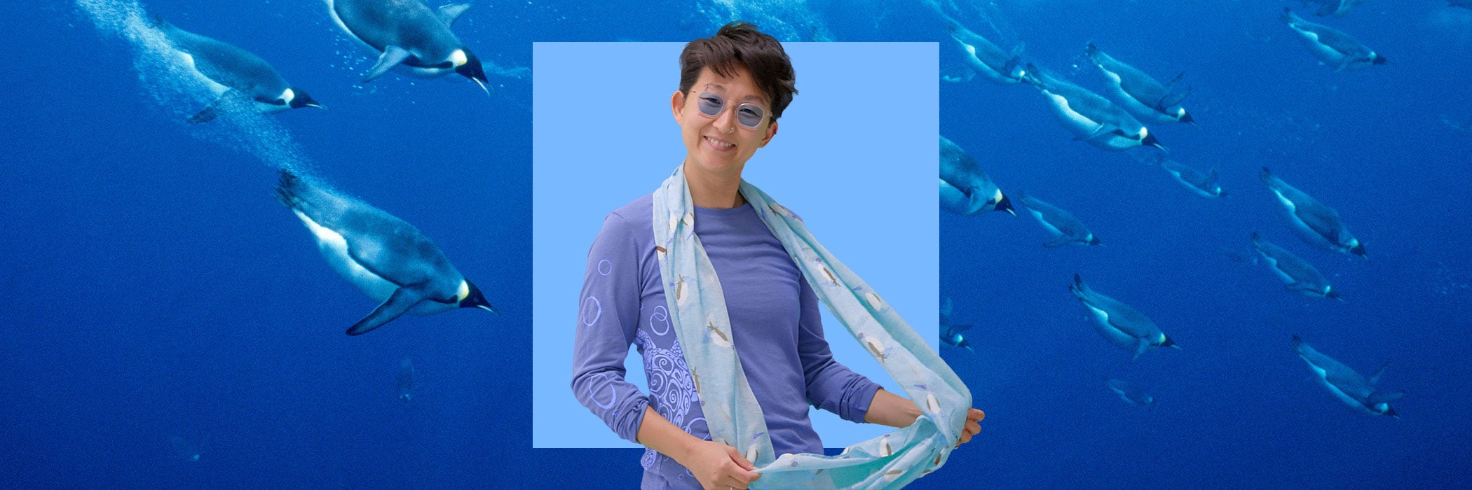 A person wearing a blue shirt and holding a light blue scarf stands against a backdrop featuring swimming penguins.