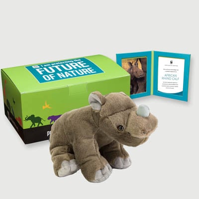 african rhino calf Plush, box + frame adoption kit