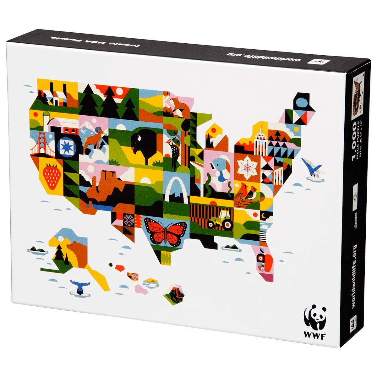 This image shows a colorful, stylized map of the United States incorporating regional symbols, displayed on a puzzle box from WWF.