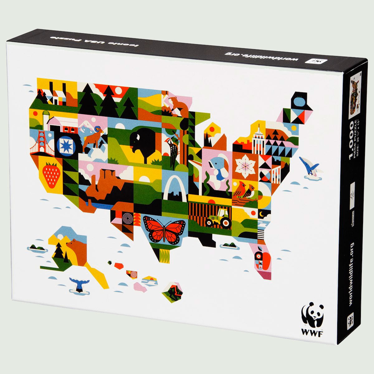 A colorful, stylized map of the United States incorporating regional symbols, displayed on a puzzle box from WWF.