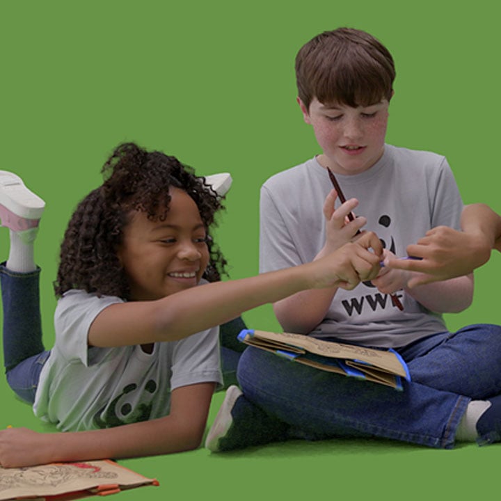 Two children are sitting and interacting with each other while holding objects, with a green background.
