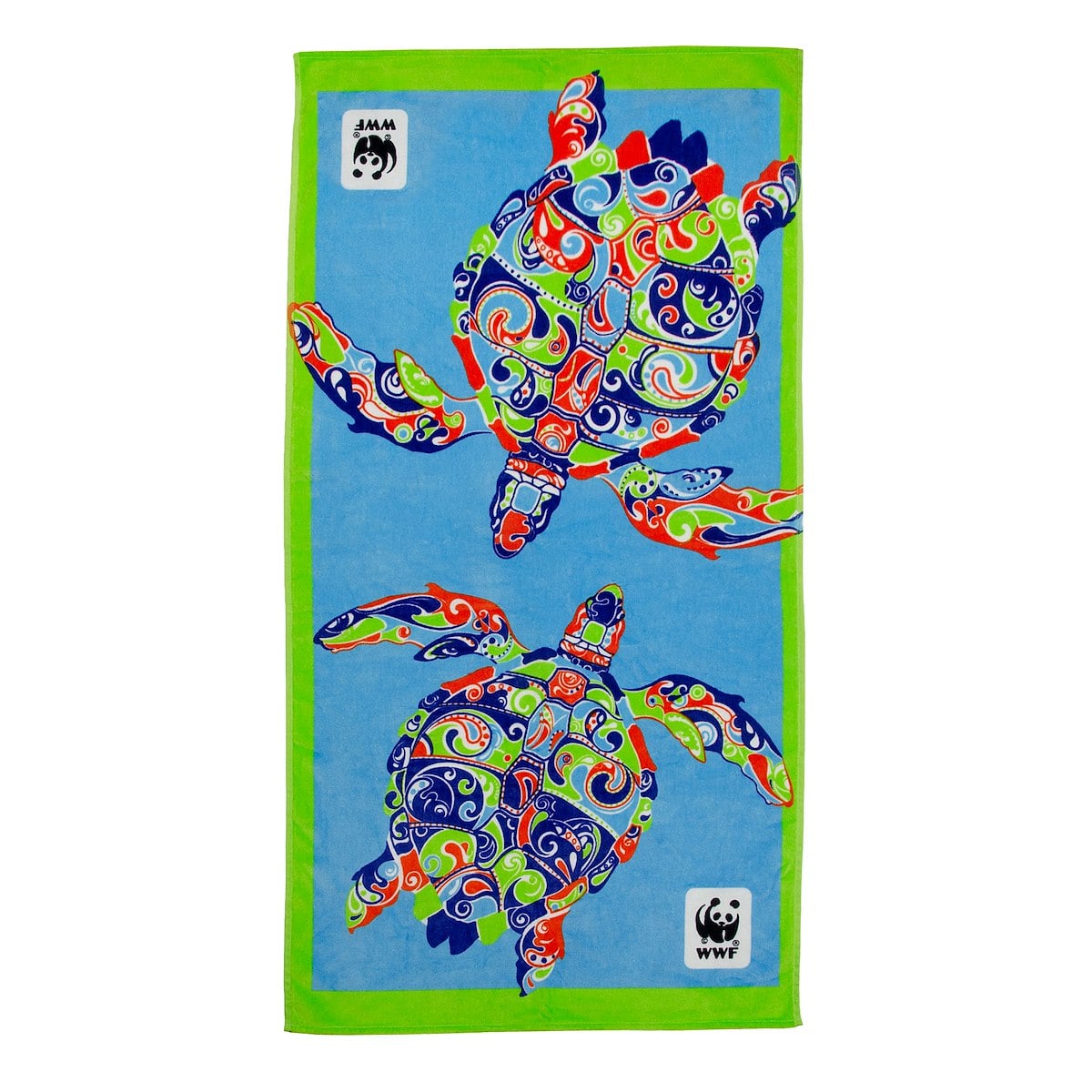 This is a colorful beach towel featuring two intricately patterned sea turtles with a WWF logo in the corners.