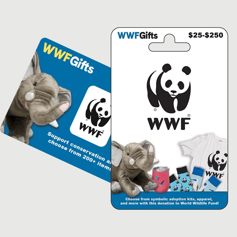 WWF gift cards featuring the WWF logo, a plush elephant, and merchandise advertisement for conservation support.