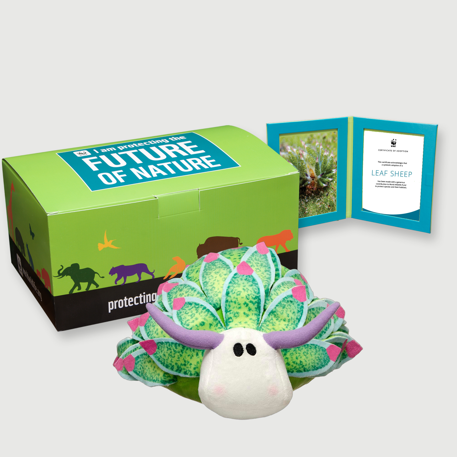 The image shows a Leaf Sheep plush toy, a green gift box with conservation-themed text, and an informational booklet.