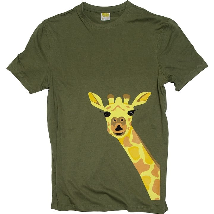 A green shirt with a smiling cartoon giraffe, cropped neck up