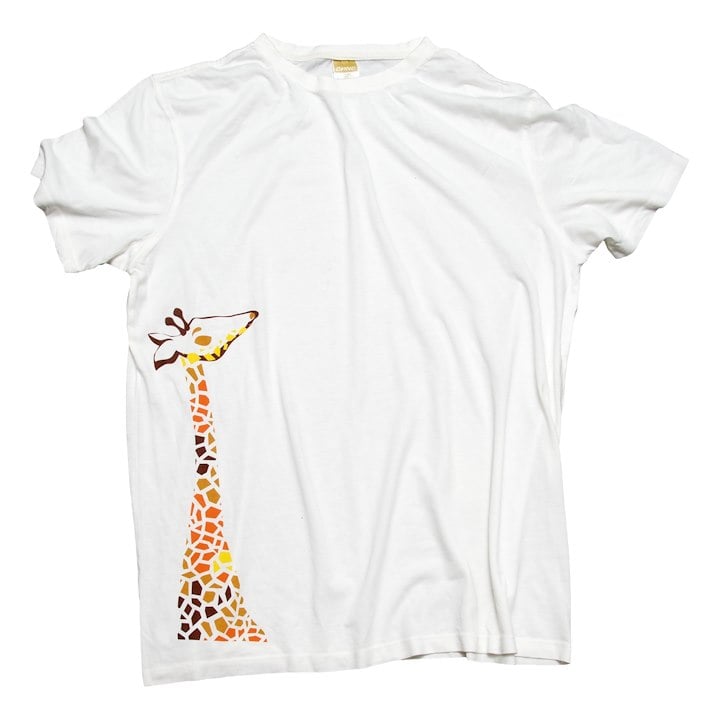 A white T-shirt with a colorful giraffe design on the lower left side.
