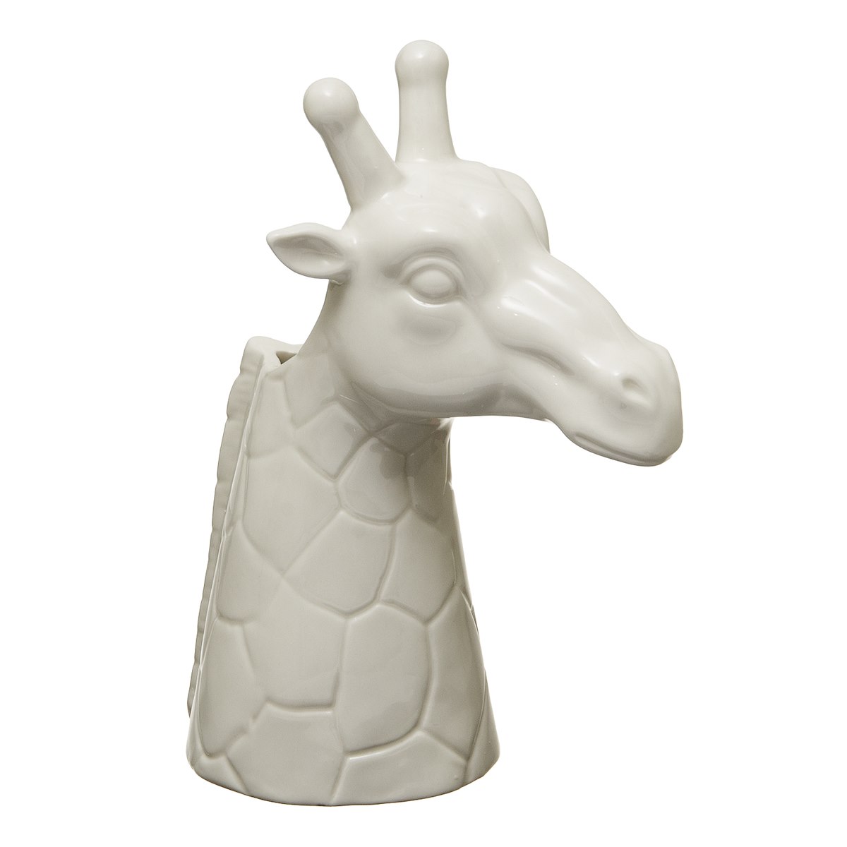 A white ceramic vased shaped like a giraffe head. Flowers could be put in the neck