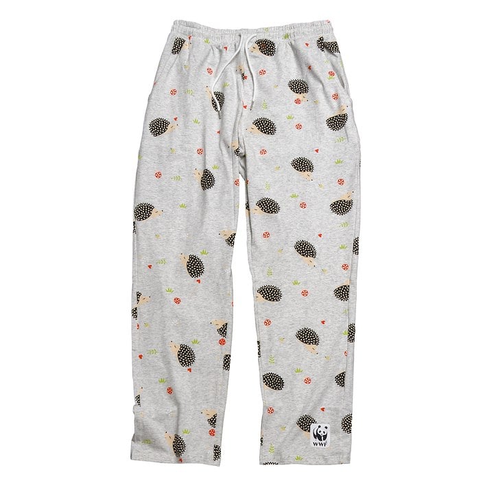 A pair of gray pants with hedgehogs on them