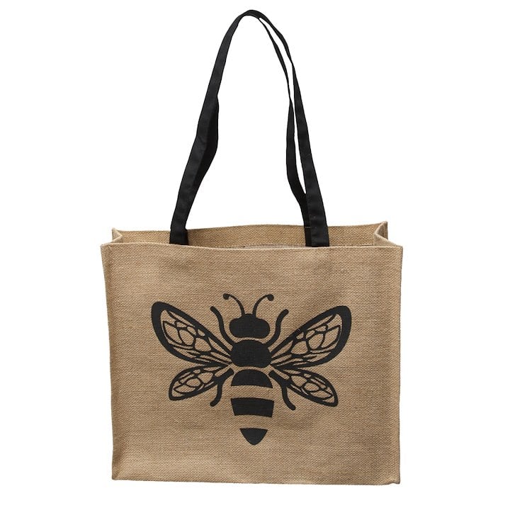 A brown tote with a black bee on it