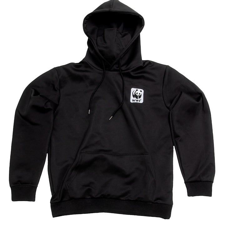 A black hoodie featuring a WWF logo printed on the chest.