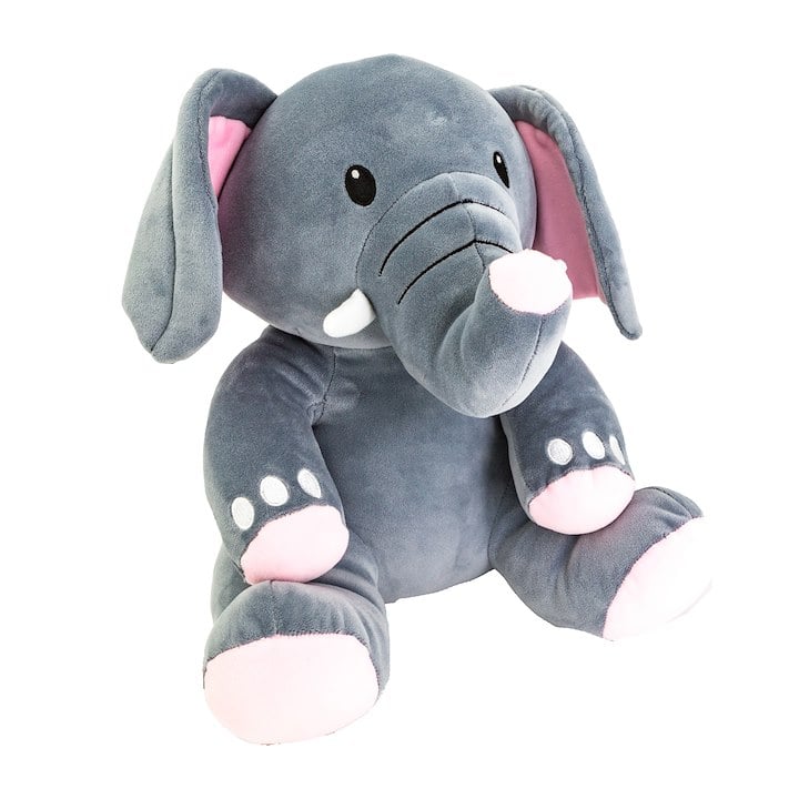 A grey stuffed elephant with pink ears