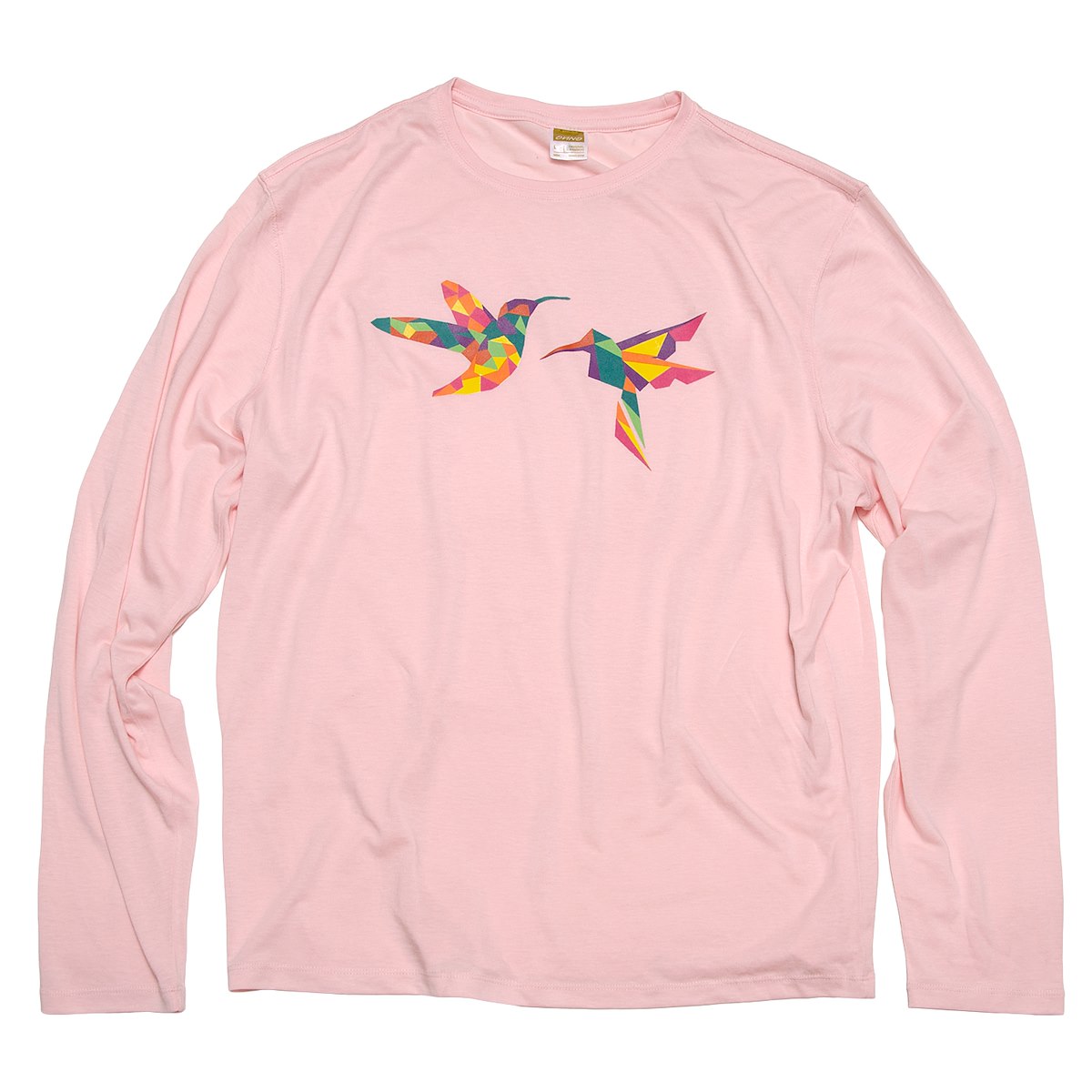 A light pink long-sleeve shirt featuring two colorful, geometric-patterned hummingbirds on the front.