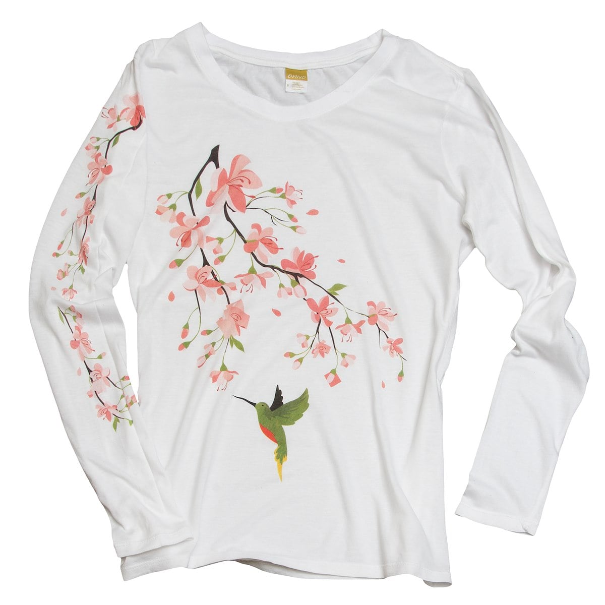 A white long-sleeve shirt featuring a floral branch design with pink blossoms and a colorful hummingbird.