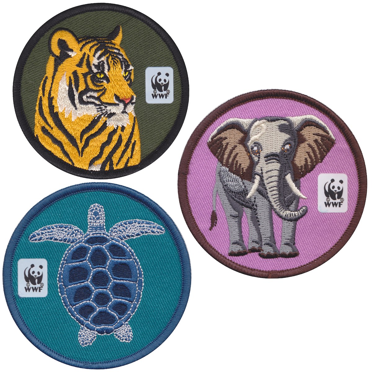 tiger, elephant, sea turtle patches with WWF logos