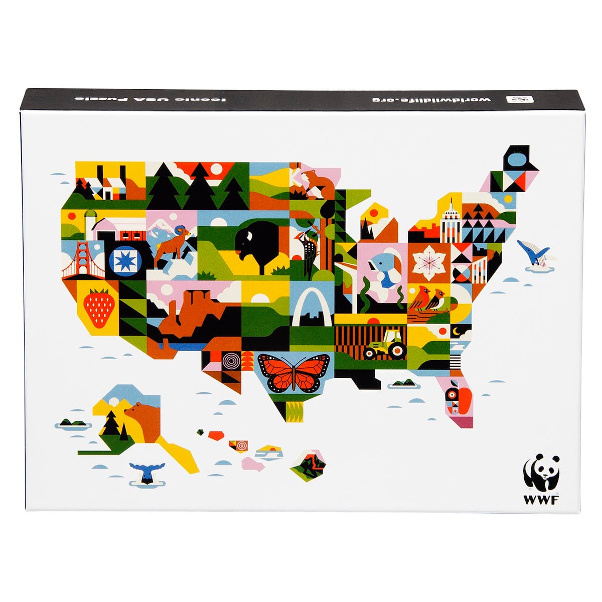 This image shows a colorful, illustrated map of the United States featuring various animals, landmarks, and nature icons, accompanied by the WWF logo.