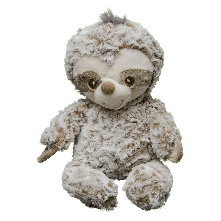 A stuffed sloth plush on a white background