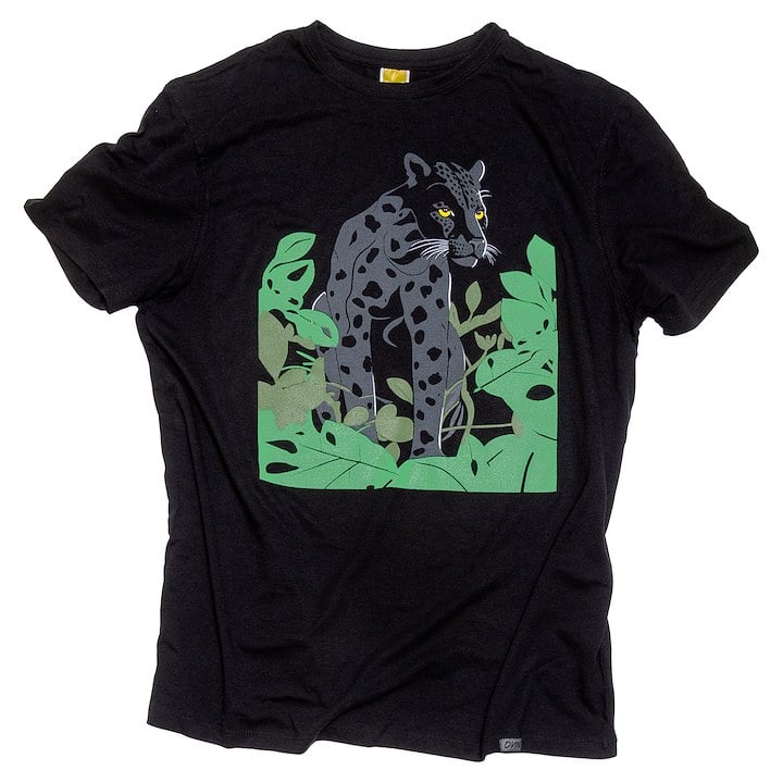 black T-shirt with black jaguar with yellow eyes in green jungle