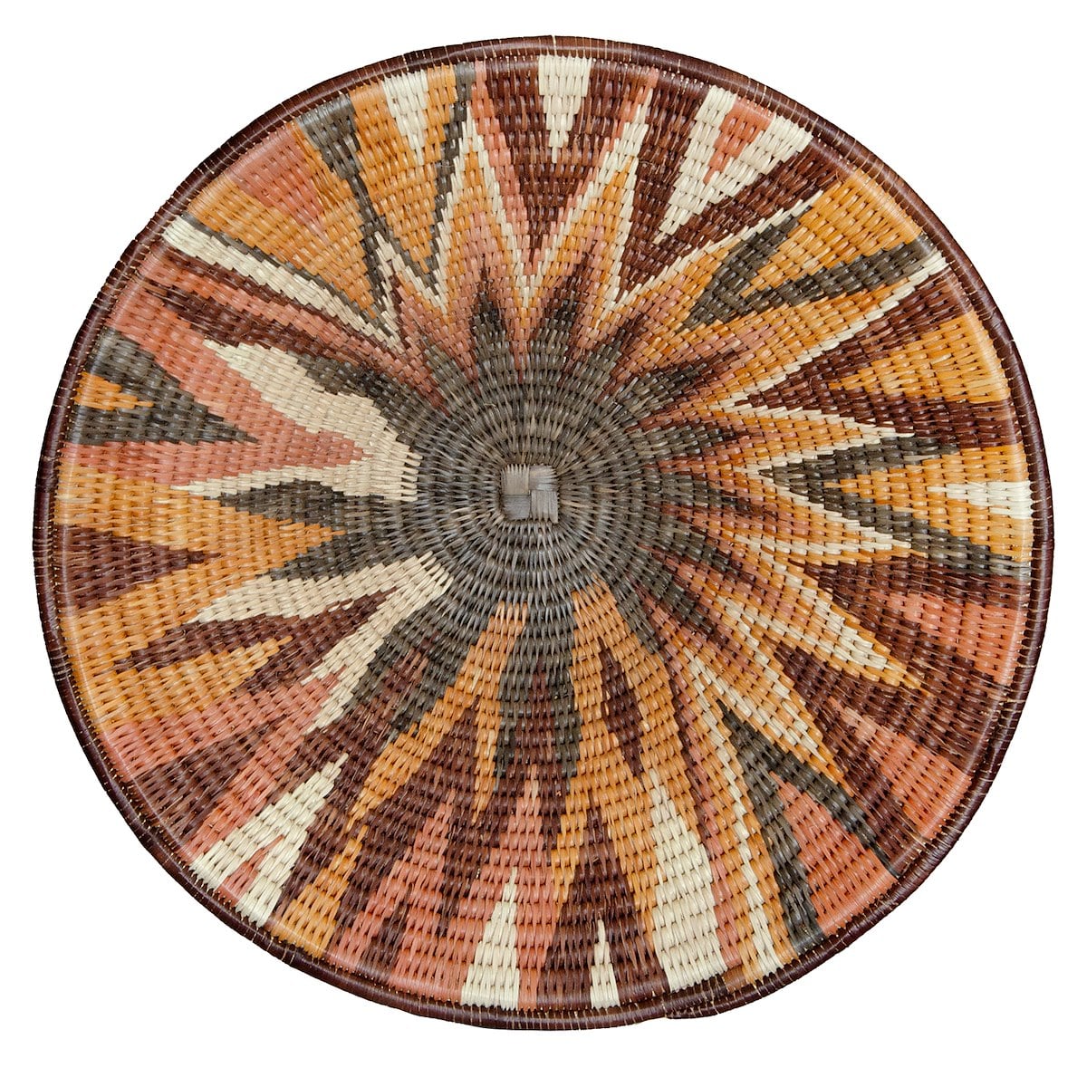 A  brown woven basket with a star design top down