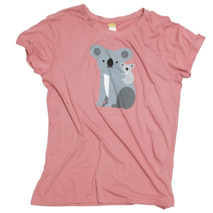 A pink shirt with a cartoon koala and baby koala