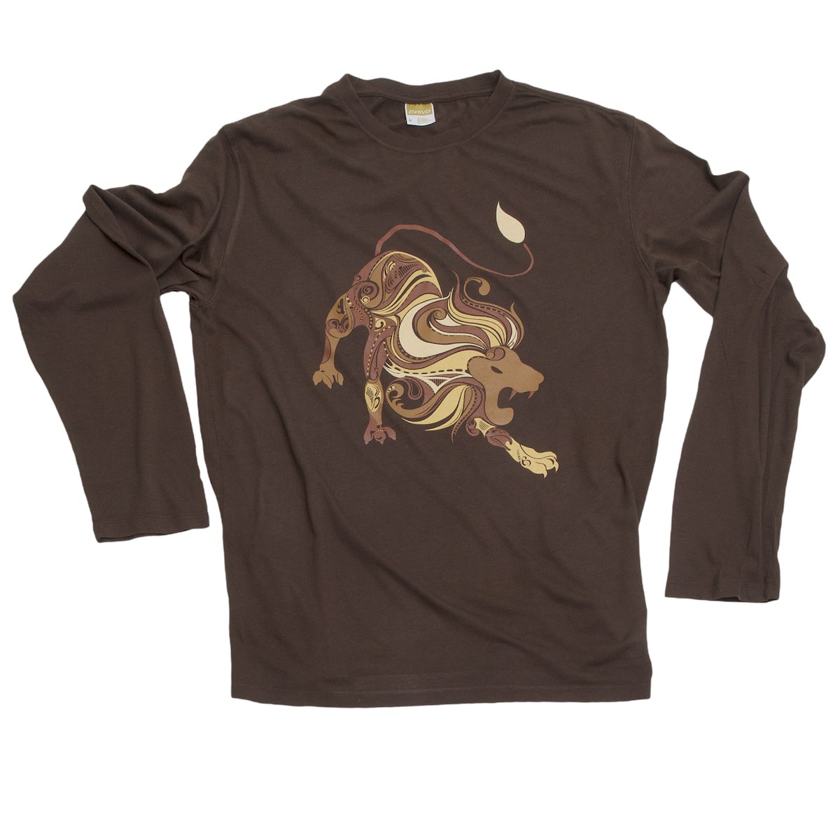 A brown long-sleeve shirt featuring a stylized lion design in earthy tones on the front.