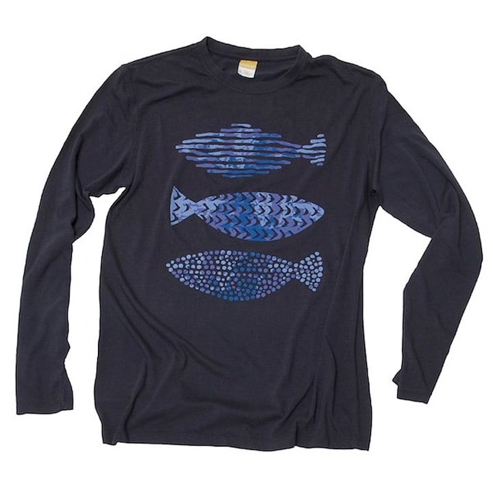 A navy long-sleeve shirt featuring three blue fish designs in different patterns on the front.